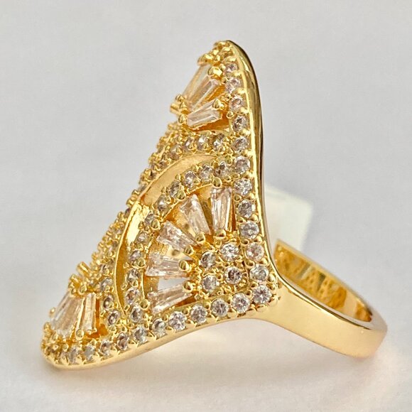 Art Deco Cubic Zirconia Cocktail Ring Yellow Gold Plated Size 7 8 9 Statement - Picture 8 of 15